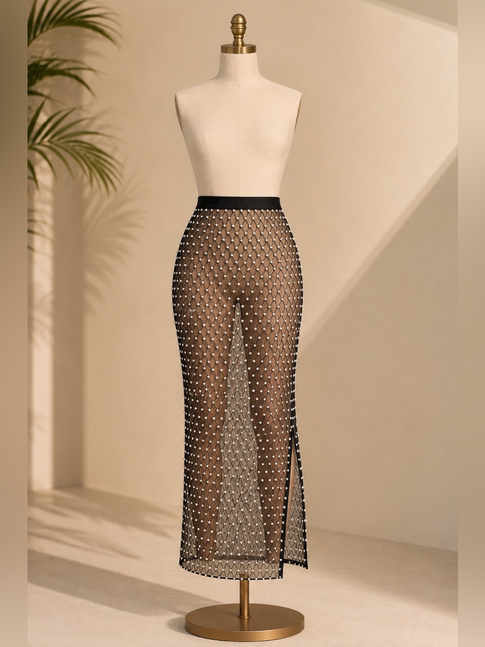 Haute Monde Pearl Embellished Sheer Overlay Layering Mesh Maxi Skirt Black Y2K L - Picture 3 of 16